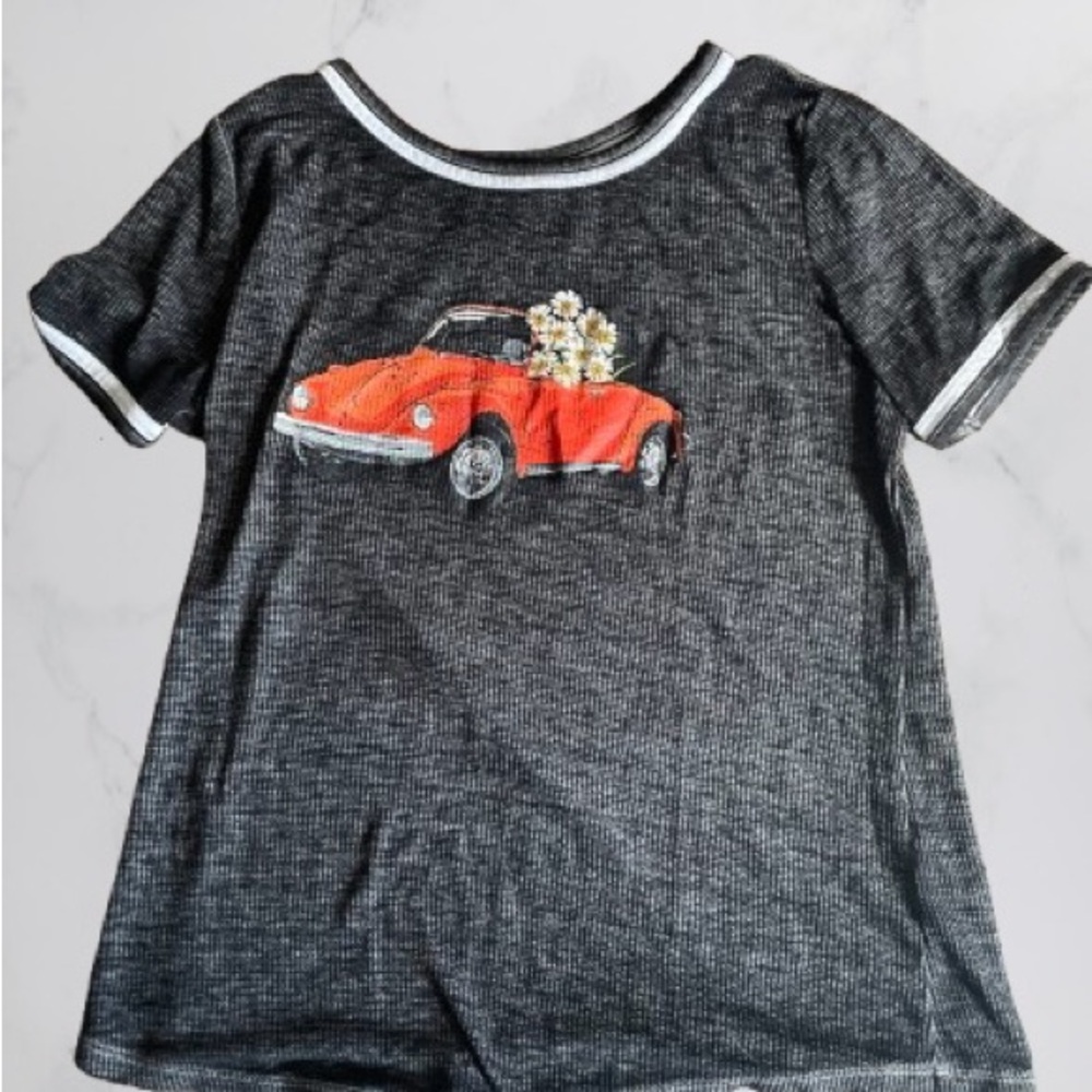 Cato Black Tee with Orange Car and Daisies